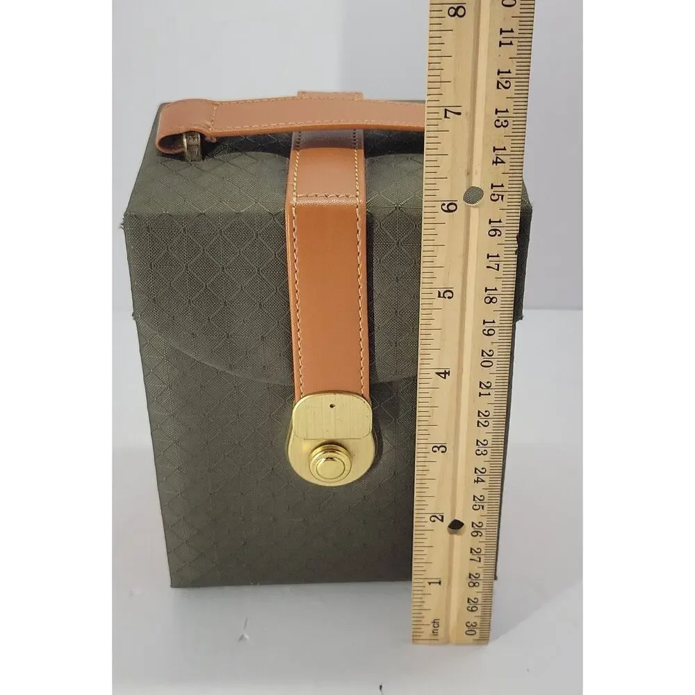 Vintage Travel Jewelry Case Organizer Green & Tan Folding Portable Storage Box